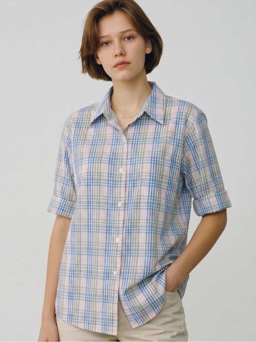 L.L.Bean Plaid Button Down Shirt Pink Blue Large